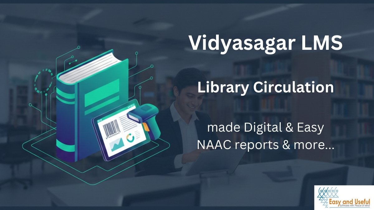 Vidyasagar LMS library automation software showing a digital book, barcode scanner, and an Indian librarian in a modern college library setting.