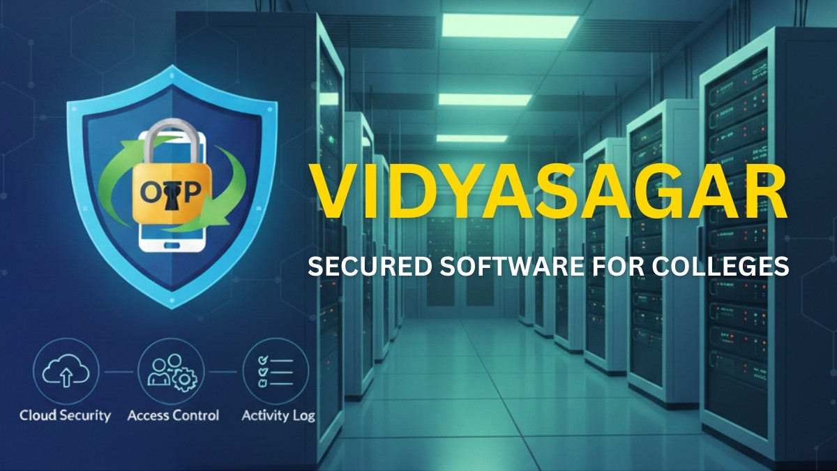 A professional 16:9 widescreen graphic featuring a digital security shield with a padlock icon representing OTP security, set against a background of a modern international standard data center with server racks and glowing blue network connections.